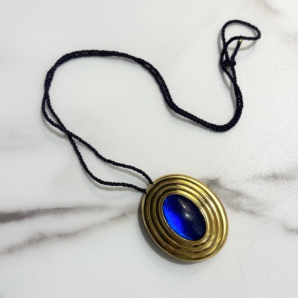 Vintage Paris Jaipur Boucheron Solid Perfume Gold Tone & Blue Lucite Pendant